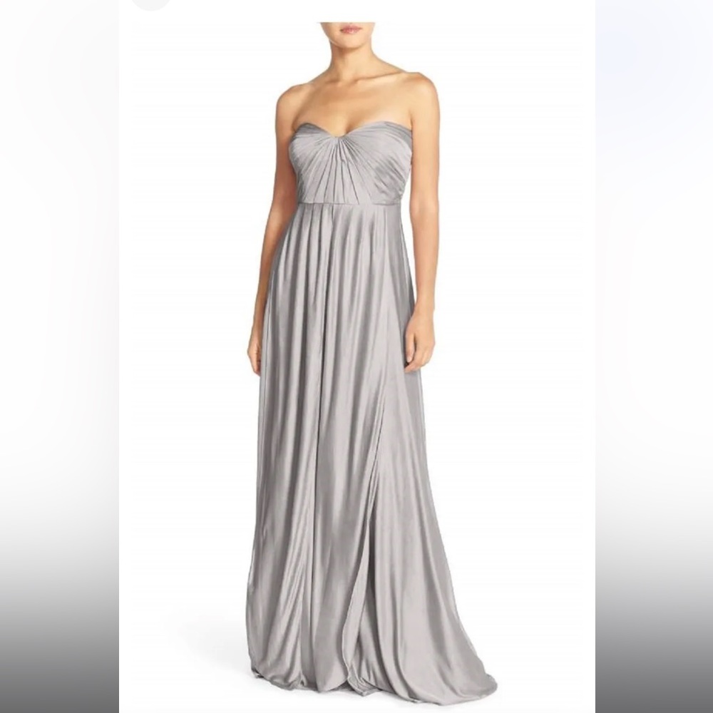 JENNY YOO 'Demi' Convertible Strapless Pleat Jersey GOWN Silver Dress SIZE 4